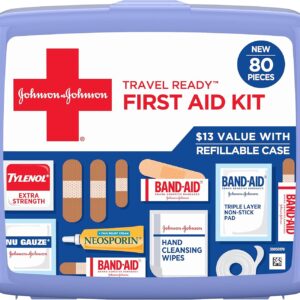 Johnson & Johnson Travel Ready Portable Emergency First Aid Kit for Minor Wound Care with Assorted Adhesive Bandages, Gauze Pads & More, Ideal for Travel, Car & On-The-Go, 80 pc