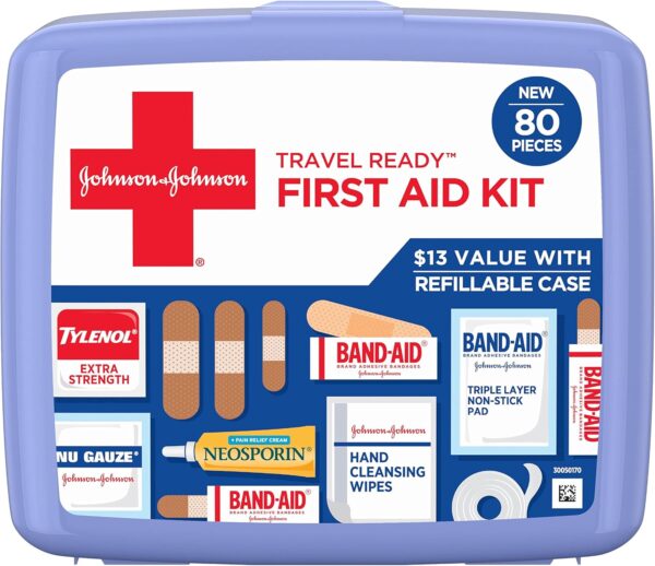 Johnson & Johnson Travel Ready Portable Emergency First Aid Kit for Minor Wound Care with Assorted Adhesive Bandages, Gauze Pads & More, Ideal for Travel, Car & On-The-Go, 80 pc