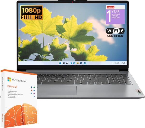 Lenovo IdeaPad 1 Student Laptop, Intel Dual Core Processor, 20GB RAM, 1TB SSD + 128GB eMMC, 15.6" FHD Display, 1 Year Office 365, Windows 11 Home, Wi-Fi 6, Webcam, Bluetooth, SD Card Reader, Grey