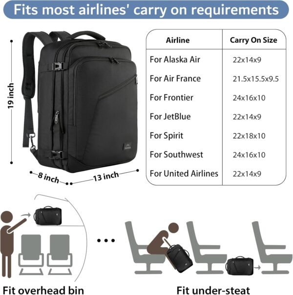 MATEIN Carry on Backpack, Extra Large Travel Backpack Expandable Airplane Approved Weekender Bag for Men and Women, Water Resistant Lightweight Daypack for Flight 40L, Black - Image 2