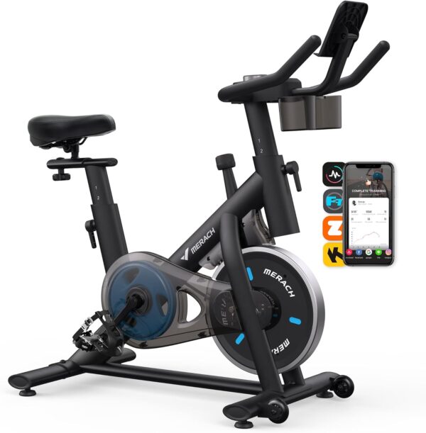 MERACH Exercise Bike, Brake Pad Stationary Bike with Exclusive App, Low Noise Indoor Cycling Bike with 300lbs Weight Capacity, Tablet Mount and Fitness Courses for Weight Loss