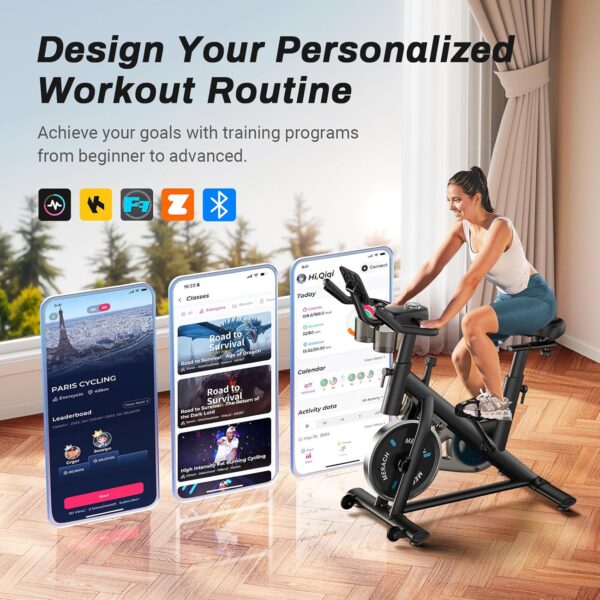 MERACH Exercise Bike, Brake Pad Stationary Bike with Exclusive App, Low Noise Indoor Cycling Bike with 300lbs Weight Capacity, Tablet Mount and Fitness Courses for Weight Loss - Image 2