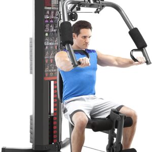 Marcy Dual Functioning Body Fitness Workout 150 Pound Stack Home Gym System with Adjustable Preacher Curler Pad and Overhead Lat Station, White/Black