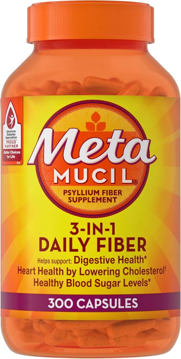 Metamucil 3-in-1 Fiber Capsules, Daily Psyllium Husk Fiber Supplement, Fiber Capsules for Digestive Health, Plant-Based Psyllium Husk Fiber Capsules, #1 Doctor Recommended Fiber Brand, 300ct Capsules