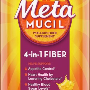 Metamucil 4 in 1 Daily Fiber Supplement Powder, Fiber Powder for Digestive Health and Regularity*, Sugar-Free, Orange, Naturally Sourced Psyllium Fiber, 180 teaspoons