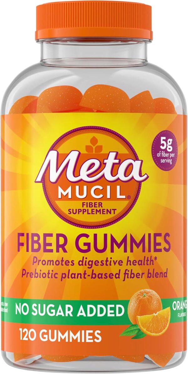 Metamucil Fiber Gummies for Adults, No Sugar Added Orange Flavor, 5g Prebiotic Plant Based Fiber Supplement Blend, 120 Count