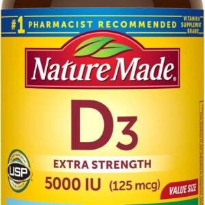 Nature Made Extra Strength Vitamin D3 5000 IU (125 mcg), Dietary Supplement for Bone, Teeth, Muscle and Immune Health Support, 180 Softgels, 180 Day Supply