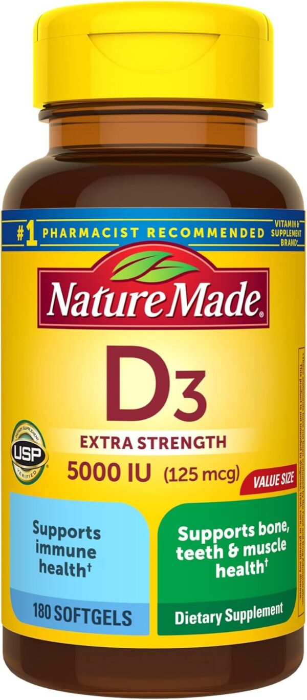 Nature Made Extra Strength Vitamin D3 5000 IU (125 mcg), Dietary Supplement for Bone, Teeth, Muscle and Immune Health Support, 180 Softgels, 180 Day Supply