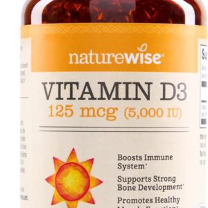 NatureWise Vitamin D3 5000iu (125 mcg) 1 Year Supply for Healthy Muscle Function, and Immune Support, Non-GMO, Gluten Free in Cold-Pressed Olive Oil, Packaging Vary ( Mini Softgel), 360 Count