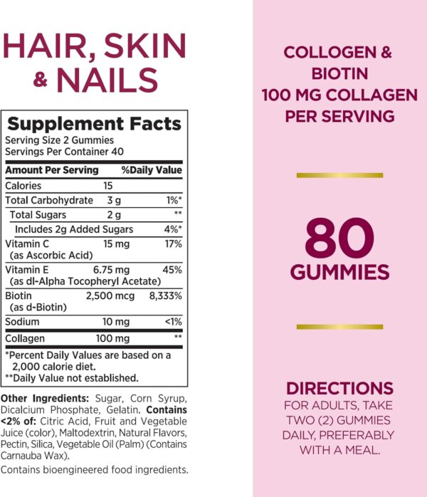 Nature's Bounty Optimal Solutions Hair, Skin & Nails with Biotin and Collagen, Citrus-Flavored Gummies Vitamin Supplement, 2500 mcg, 80 Ct - Image 2