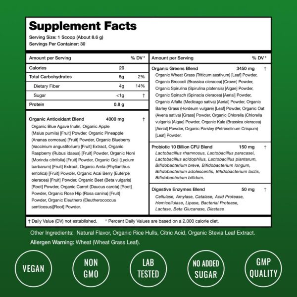 NutraChamps Super Greens Powder Premium Superfood | 20+ Organic Green Veggie Whole Foods | Wheat Grass, Spirulina, Chlorella | Antioxidant, Digestive Enzyme & Probiotic Blends (9.0 Oz, Berry) - Image 2