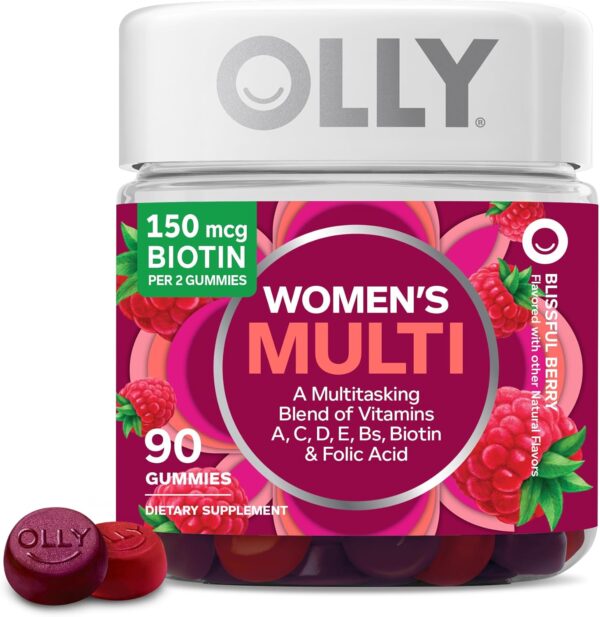 OLLY Women's Multivitamin Gummy, Vitamins A, D, C, E, Biotin, Folic Acid, Adult Chewable Vitamin, Berry Flavor, 45 Day Supply - 90 Count (Packaging May Vary)