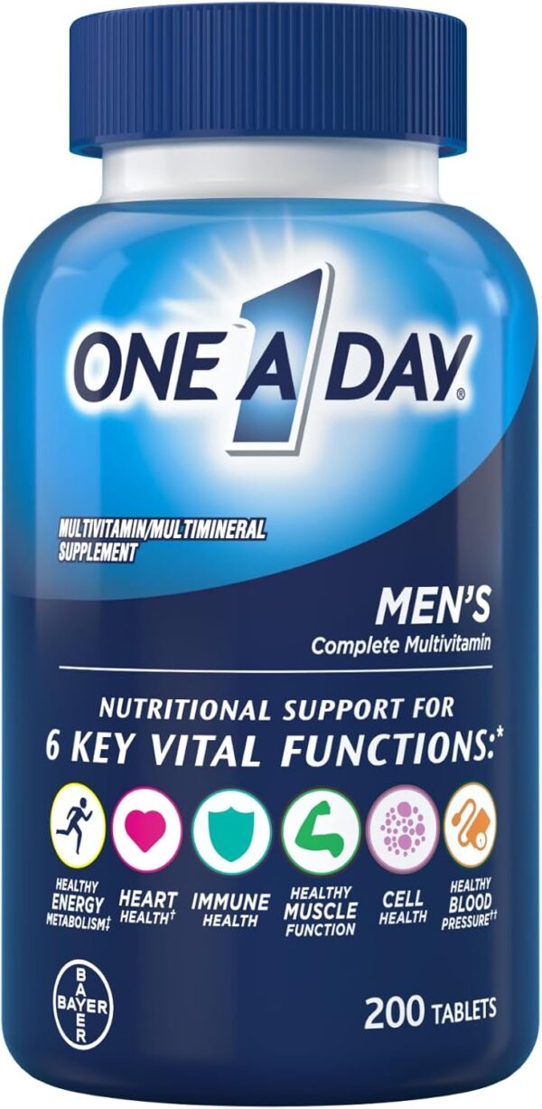 One A Day Men’s Multivitamin, Supplement Tablet with Vitamin A, Vitamin C, Vitamin D, Vitamin E and Zinc for Immune Health Support, B12, Calcium & more, 200 count (Packaging May Vary)