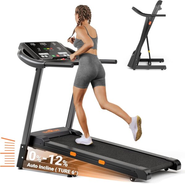 THERUN Incline Treadmill, 0-12% Auto Incline Treadmill for Running and Walking, 300 lbs Weight Capacity Folding Treadmill with Wide Belt,3.0HP,18" LED Screen, 2 Layers Shock-Absorbing