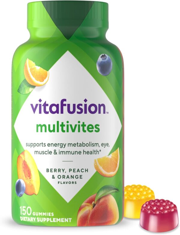 Vitafusion MultiVites Gummy Multivitamins for Adults with 12 Vitamins and Minerals, Berry, Peach and Orange Flavored, America’s Number 1 Gummy Vitamin Brand, 75 Day Supply, 150 Count